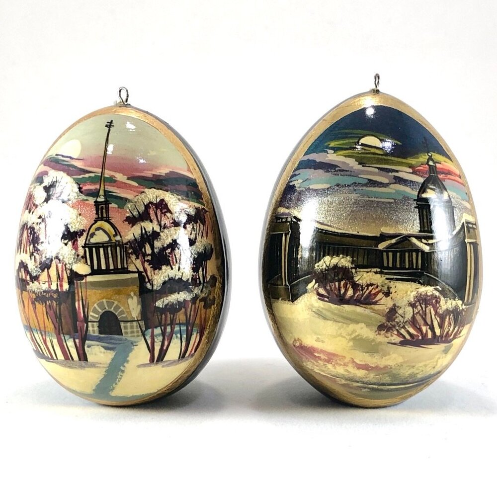Russian Hand Painted Wooden Eggs Orthodox Christian black lacquer ornaments